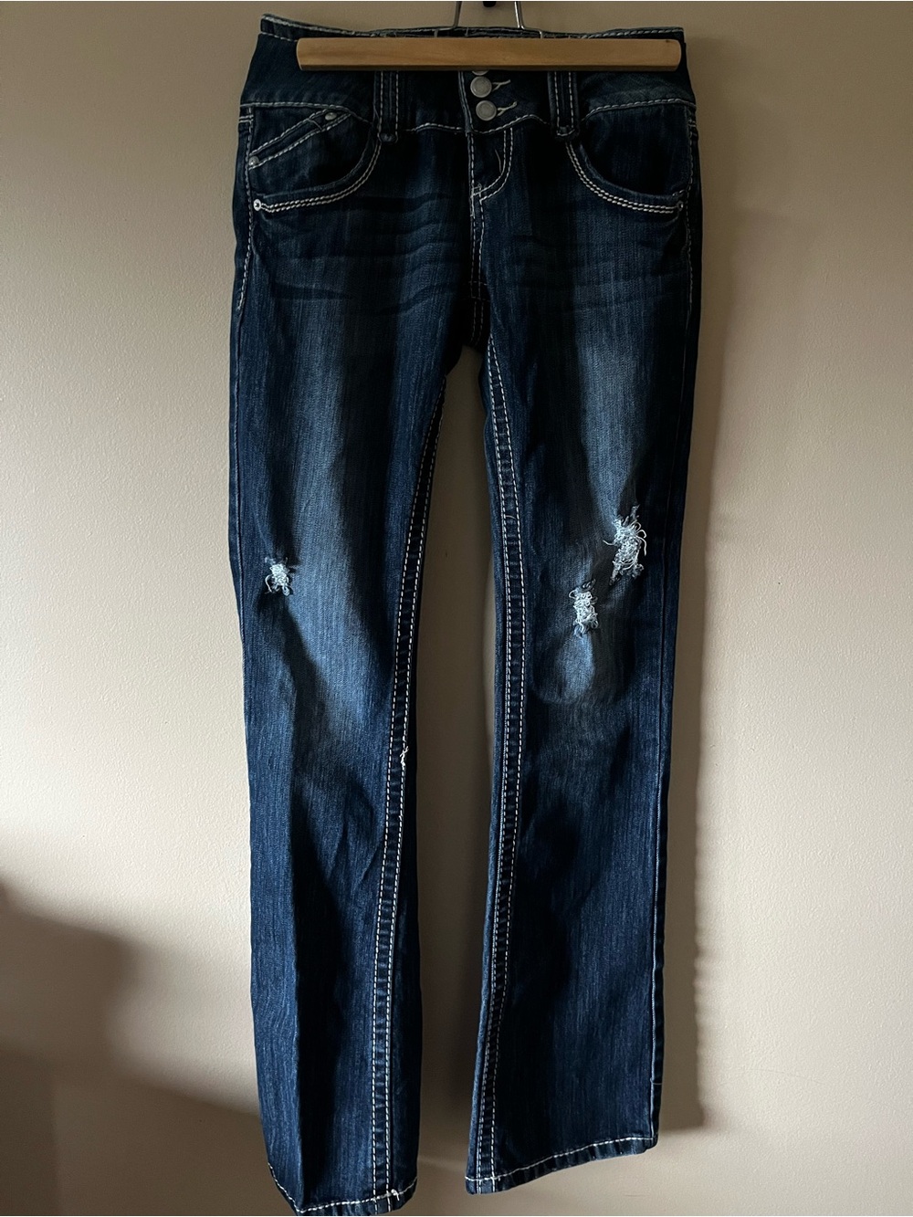 Almost Famous Dark Blue Distressed Straight-Leg Jeans